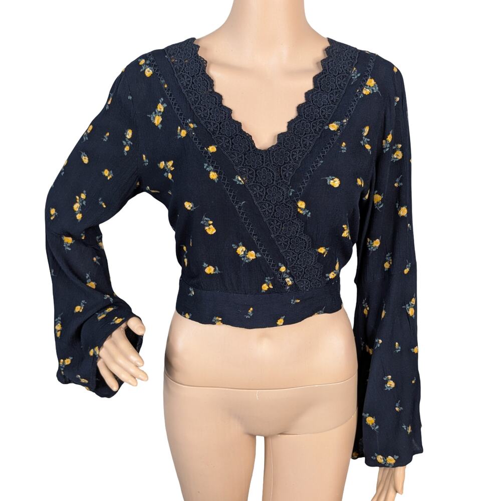 Miss Selfridge 70s Wildflower Bell Sleeve Crop Blouse Open Tie Back Navy US 8